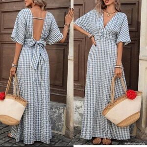 Classic Blue White V- Neck Batwing Sleeve Striped Maxi Dress
